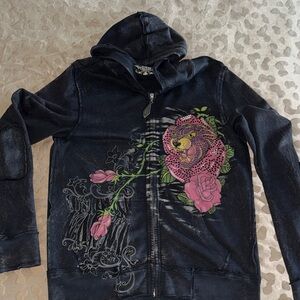 Brad Butter Women’s Black Zip Hoodie with Pink Floral & Leopard Graphic